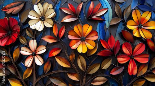 Bright and colorful floral mosaic made from stained glass  featuring a variety of flower designs.