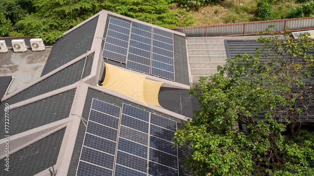 Top view Solar Cell on smart home. Solor photo voltaic panels system power or Solar Cell on love home building roof for producing green ecological electricity. Production of renewable energy.