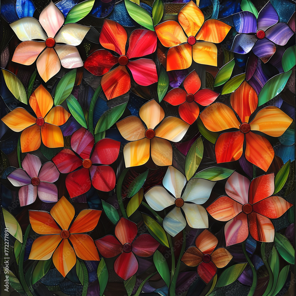 Bright and colorful floral mosaic made from stained glass, featuring a variety of flower designs.