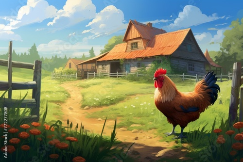 Traditional Rooster farm. Farm birds nature. Generate Ai