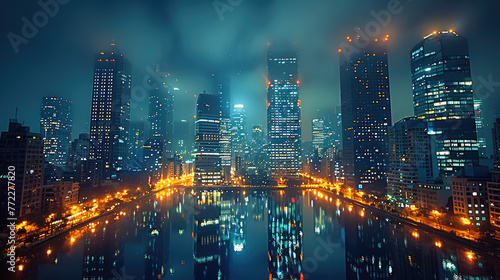 City night scene, flat view. Generative AI.