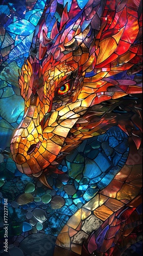 Intricate stained glass art depicting a mythical dragon in a myriad of luminous colors.