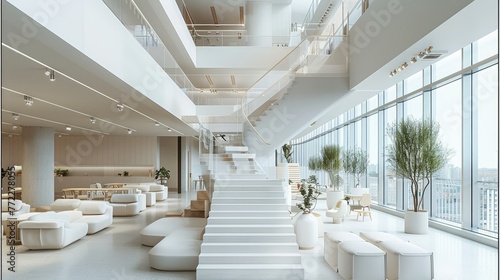 Modern and simple office space design, using stairs to connect the upper and lower floors, the middle floor is a leisure space, filled with milky white leisure sofas and tables. Generative AI.