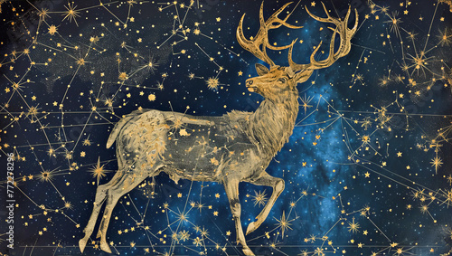 Imagem de um cervo com grandes chifres formados por um mapa de constelações, em um fundo de pequenas estrelas com tons vintage photo