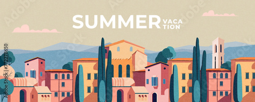 Summer nature landscape poster, web banner, cover, card with old summer town, mountains in the distance, clear sky and typography design. Summer holidays, vacation travel in Europe illustration.