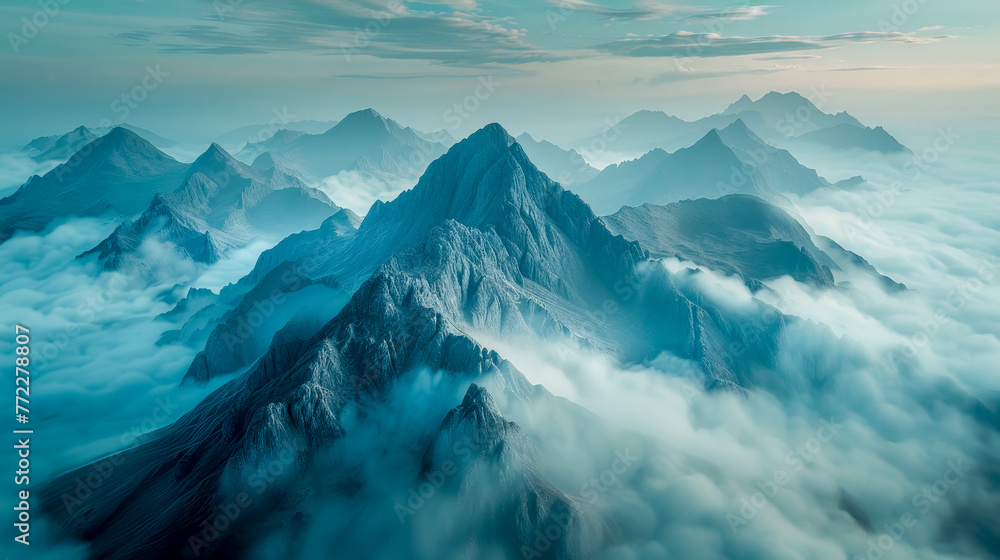 Fototapeta premium An aerial perspective of a mountain range enveloped in a thick layer of clouds,