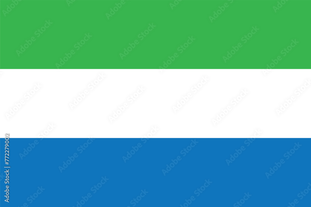 Flag of Sierra Leone. Sierra Leonean green, white and blue flag. State symbol of the Republic of Sierra Leone. - obrazy, fototapety, plakaty 