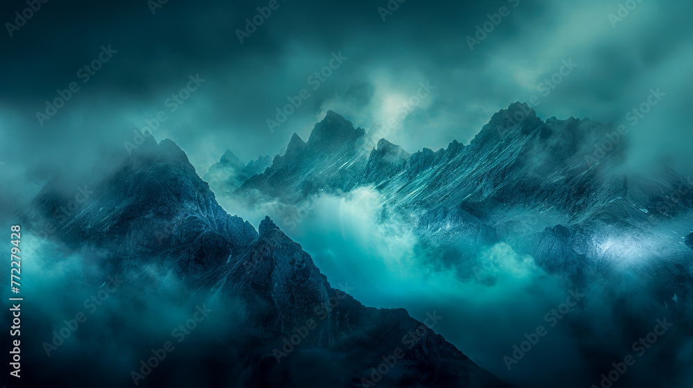 A realistic painting depicting a majestic mountain range enveloped by thick, billowing clouds.