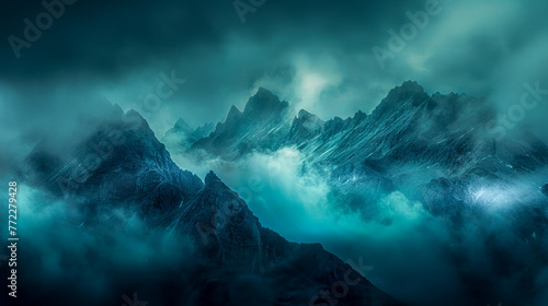 A realistic painting depicting a majestic mountain range enveloped by thick  billowing clouds.