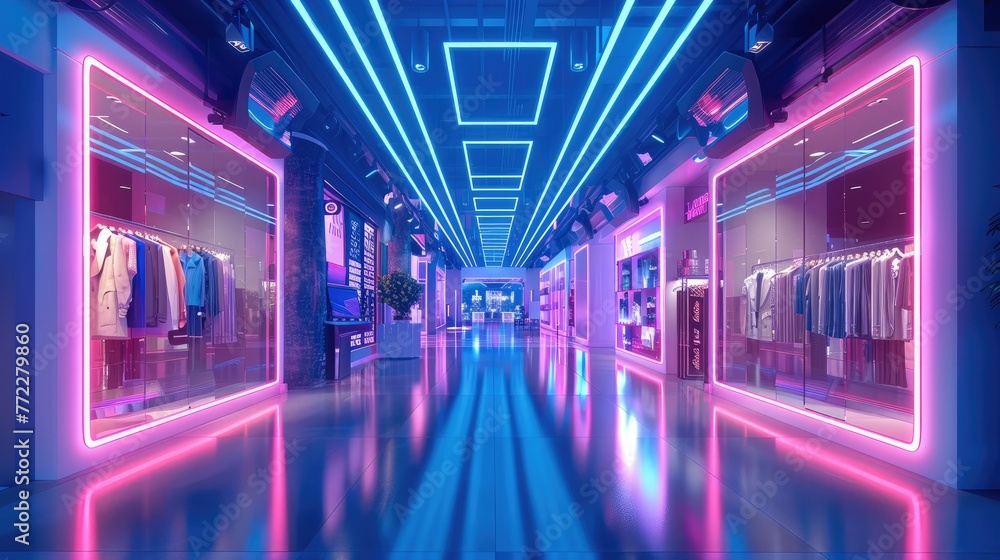 Technology fashion pop up store, royal blue, pink and purple colors. Generative AI. Technology fashion pop up store, royal blue, pink and purple colors. Generative AI.
