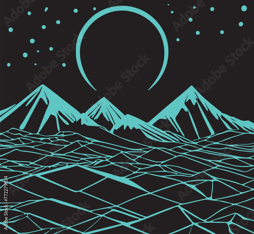 Vector illustration of a surreal mountain landscape under a full moon