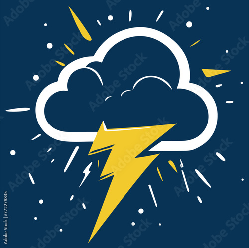 Vector illustration of a thundercloud illuminated by a lightning bolt against a bright blue sky