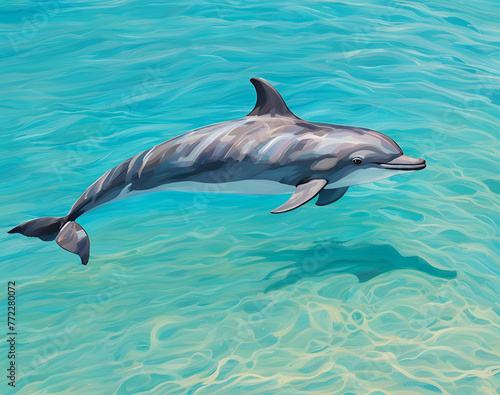 Colorful dolphins swimming in a colorful background, illustrated by illustrators of dolphins in the sea