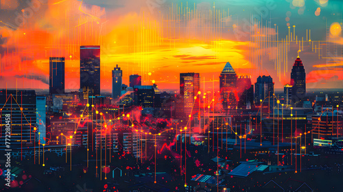 Illustration du monde des affaires avec la ville la nuit et une courbe en surexposition photo