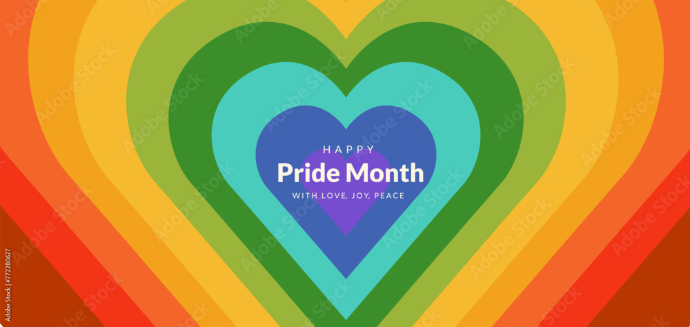 Happy pride month. Rainbow hearts for LGBTQ.Pride month celebration against violence,descrimination,human rights violation.Equality and self-affirmarmation.Vector illustration for Gay Pride Month 2024 - obrazy, fototapety, plakaty 