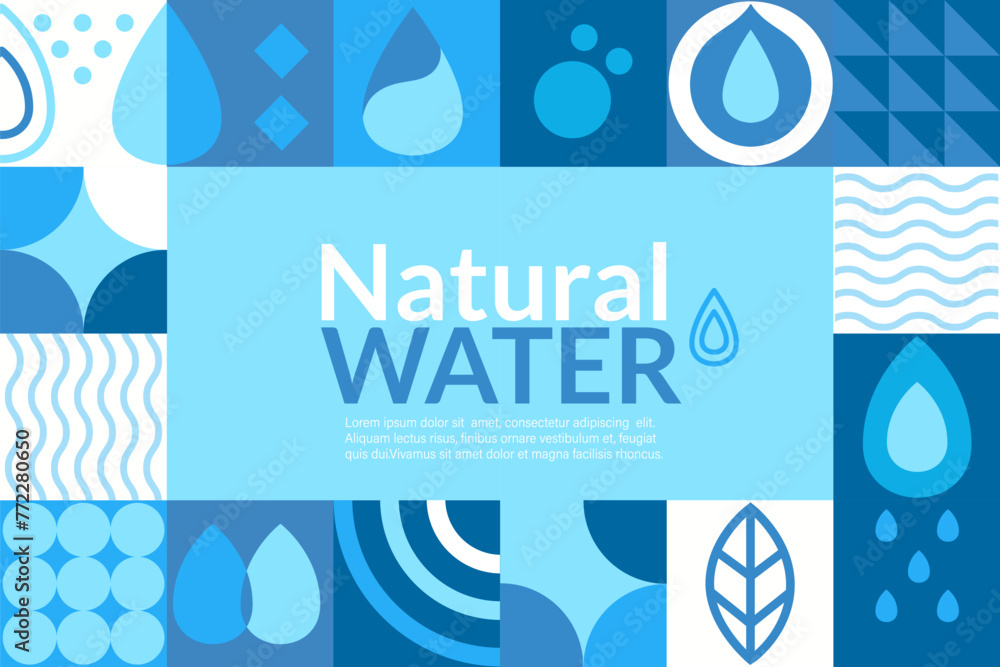 Natural water,geometric banner in flat style.Geometry minimalistic water drops,simple shapes of wave,leaf,drop.Great for flyer,web poster,templates,cover design, label.Vector illustration. - obrazy, fototapety, plakaty 