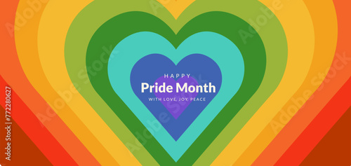 Happy pride month. Rainbow hearts for LGBTQ.Pride month celebration against violence,descrimination,human rights violation.Equality and self-affirmarmation.Vector illustration for Gay Pride Month 2024