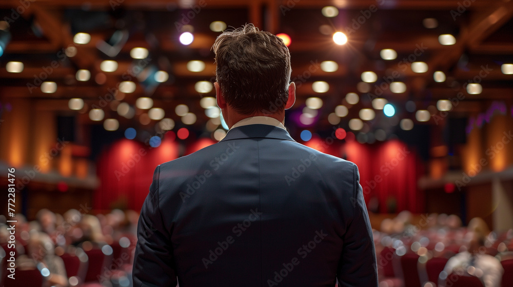 a businessman in a suit stands in front of a stage in conference event a businessman in a suit stands in front of a stage in conference event