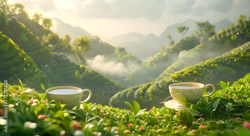 Tea cups with tea plantations 3D vision