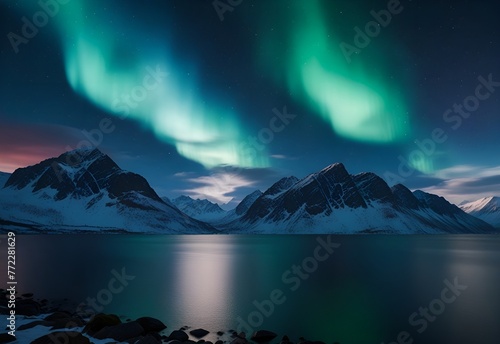 A stunning natural scene of the northern lights or aurora borealis over a Scandinavian fjord or mountain range