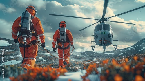 Medics with safety harnesses and climbing equipment running to helicopters for emergency medical treatment, helicopter emergency medical service. Generative AI. photo