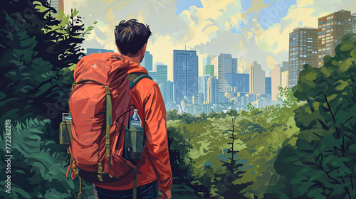 Ilustração de uma pessoa caminhante com mochila no meio da natureza, observando uma grande cidade à frente, representando o conceito de objetivo e chegada photo