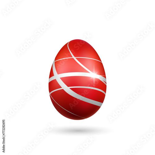 Easter egg 3D icon. Red silver egg, isolated white background. Bright realistic design, decoration for Happy Easter celebration. Holiday element. Shiny pattern. Spring symbol Vector illustration