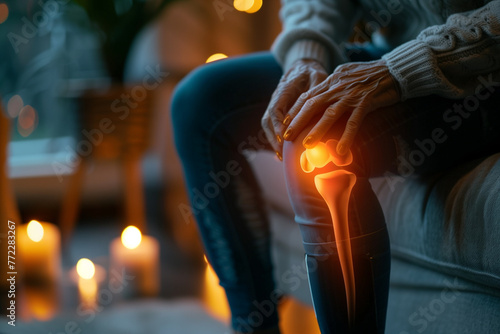 an elder woman sits on a couch and knee injur pain photo