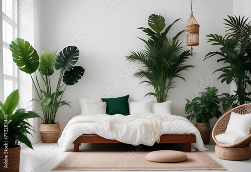 Bedroom interior with lot of house plants. Cozy room interion  photo