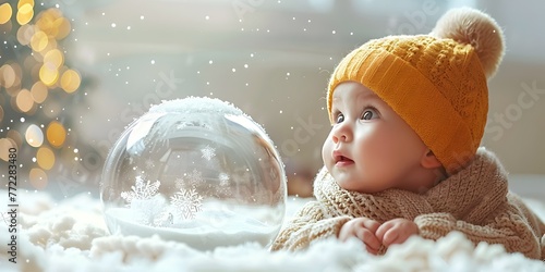 A curious and delighted baby is transfixed by the mesmerizing sight of a snow globe filled with a swirling flurry photo
