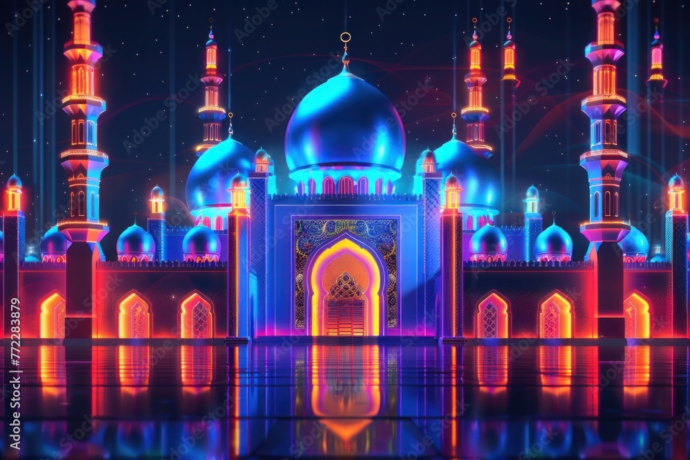 Neon light mosque background islamic generative ai