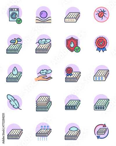Mattress thin outline icon set. Breathable, washable, latex sleeping pad for bed vector kit. Memory foam, pillow, spring isolated line symbols collection. Comfort and spine support concept