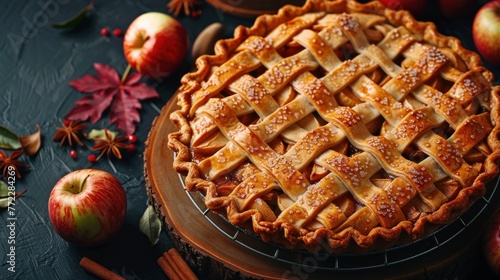 Tasty healthy homemade apple pie food on dark background. AI generated image photo