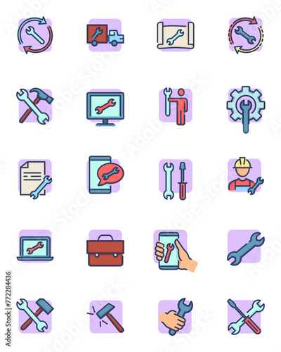 Repair signs thin icon set. Wrench symbol, spanner in human hand, on screen, on truck, maintenance tools, toolkit. Line icons for technical support, service, engineering, setup concept