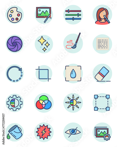 Image editing thin icon set. Filter, contrast, face retouching, palette, brush. Line icons for camera adjusting, setup, photography, application concept
