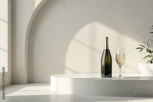 Mockup bottle of wine is on a shelf next to a wine glass photo