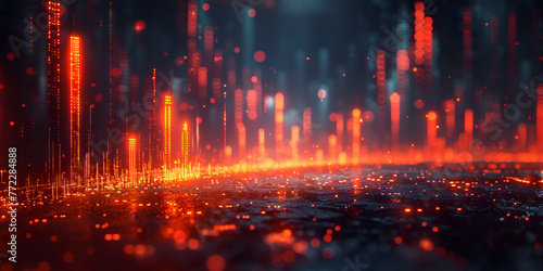 Futuristic night city with blue and red colors and motion blur effect concept for smart cities Telecommunication a business chart is displayed on a dark background.