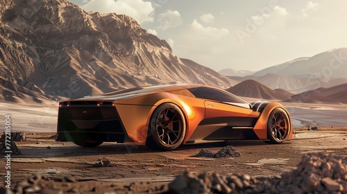 concept sports car creative design, without brand in golden sand color on top of the mountain