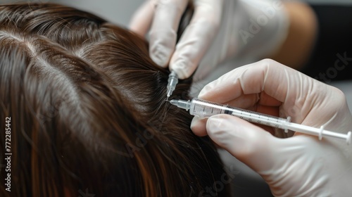Hair regeneration, Plasma injection into the hair on a woman 's head .a cosmetologist makes plasma injections into the scalp