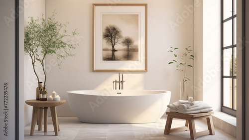  A serene bathroom with a mockup frame mounted on the wall above a luxurious bathtub  accentuating the spa-like atmosphere. 