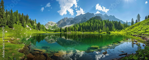 panoramic photo of a lake in the rocky mountains, with a blue sky, green trees, turquoise water, and a mountain range