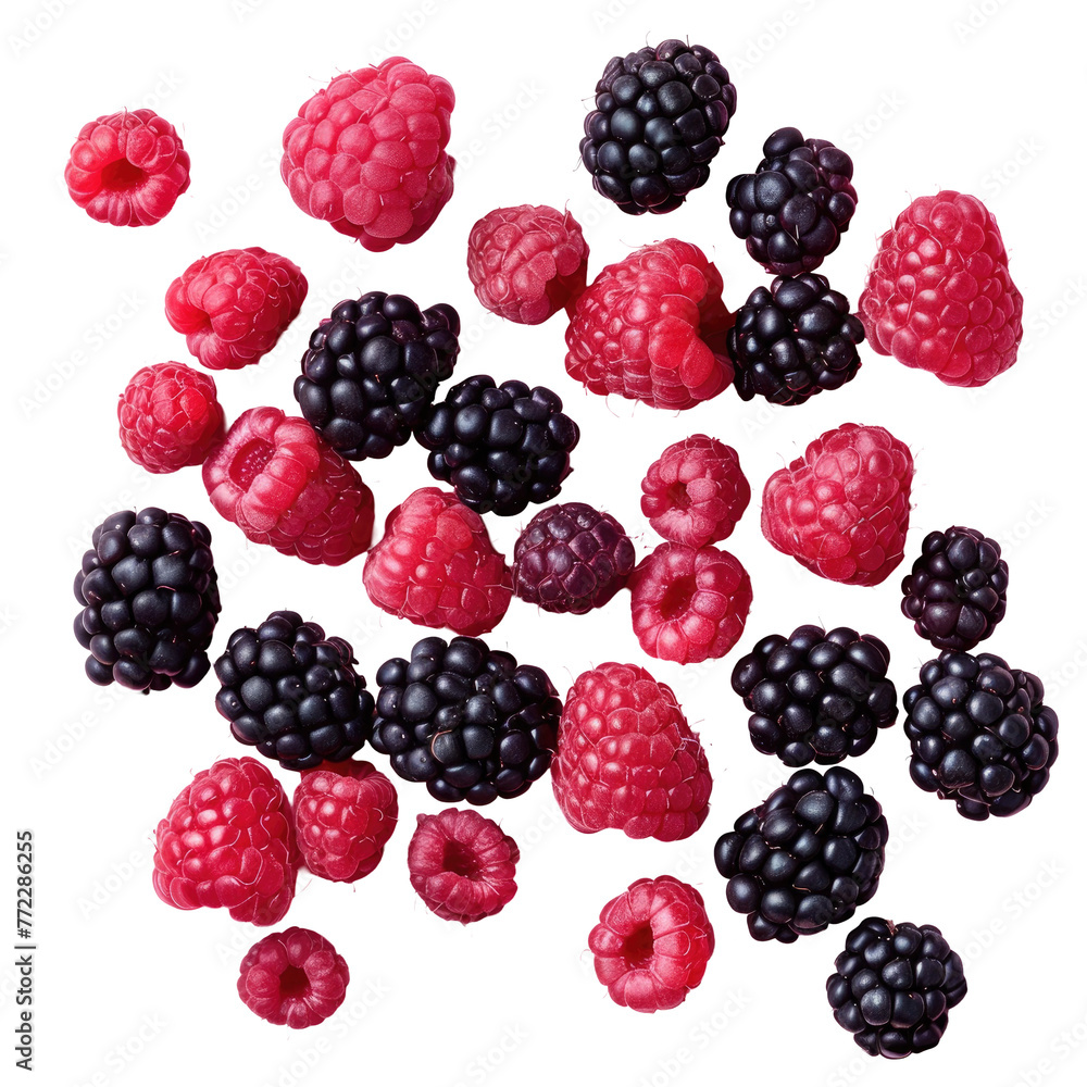 A vibrant mix of raspberries and blackberries on a transparent background A vibrant mix of raspberries and blackberries on a transparent background