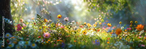 Enchanting Forest Meadow with Vibrant Wildflowers at Sunrise