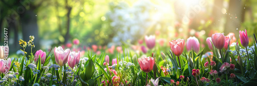 Radiant Springtime Tulip Garden Bathed in Sunlight #772286477