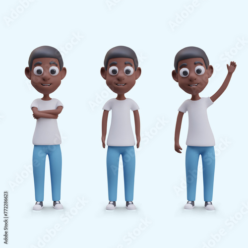 Dark skinned boy in different poses. Vector realistic child character in cartoon style