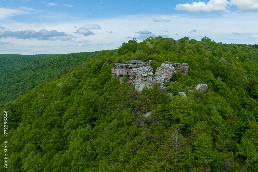 Picturesque scene of a rocky formation on Lindy Point Overlook in Blackwater Falls State Park