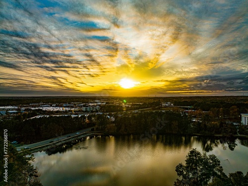 Aerial view of Harbison Lake, located in South Carolina featuring a beautiful sunset