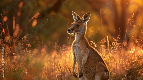 Animal wildlife kangaroo with natural in the sunset view background  AI generated