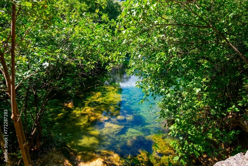 Tranquil scene of a lake surrounded by greenery near the Kravica Waterfall in Bosnia and Herzegovina