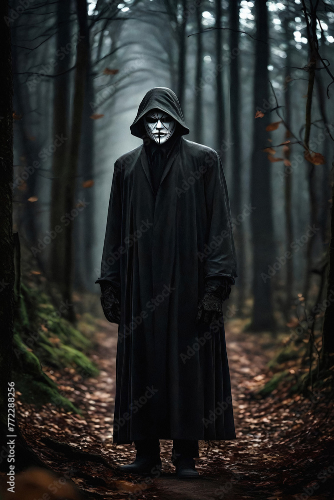 spooky mysterious tall male figure, wearing a mask and long black coat,